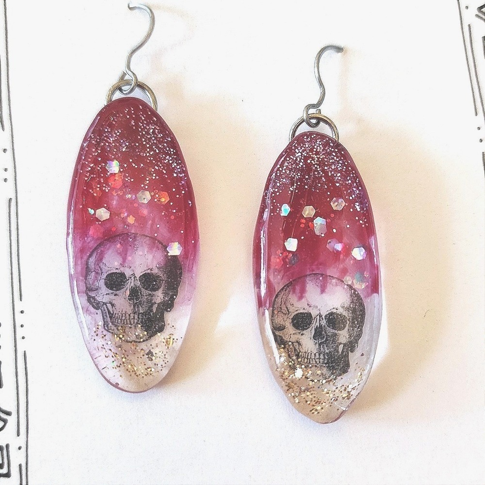 Handmade Resin Skull Dangle Earrings Red Pink Glitter Goth Spooky Halloween